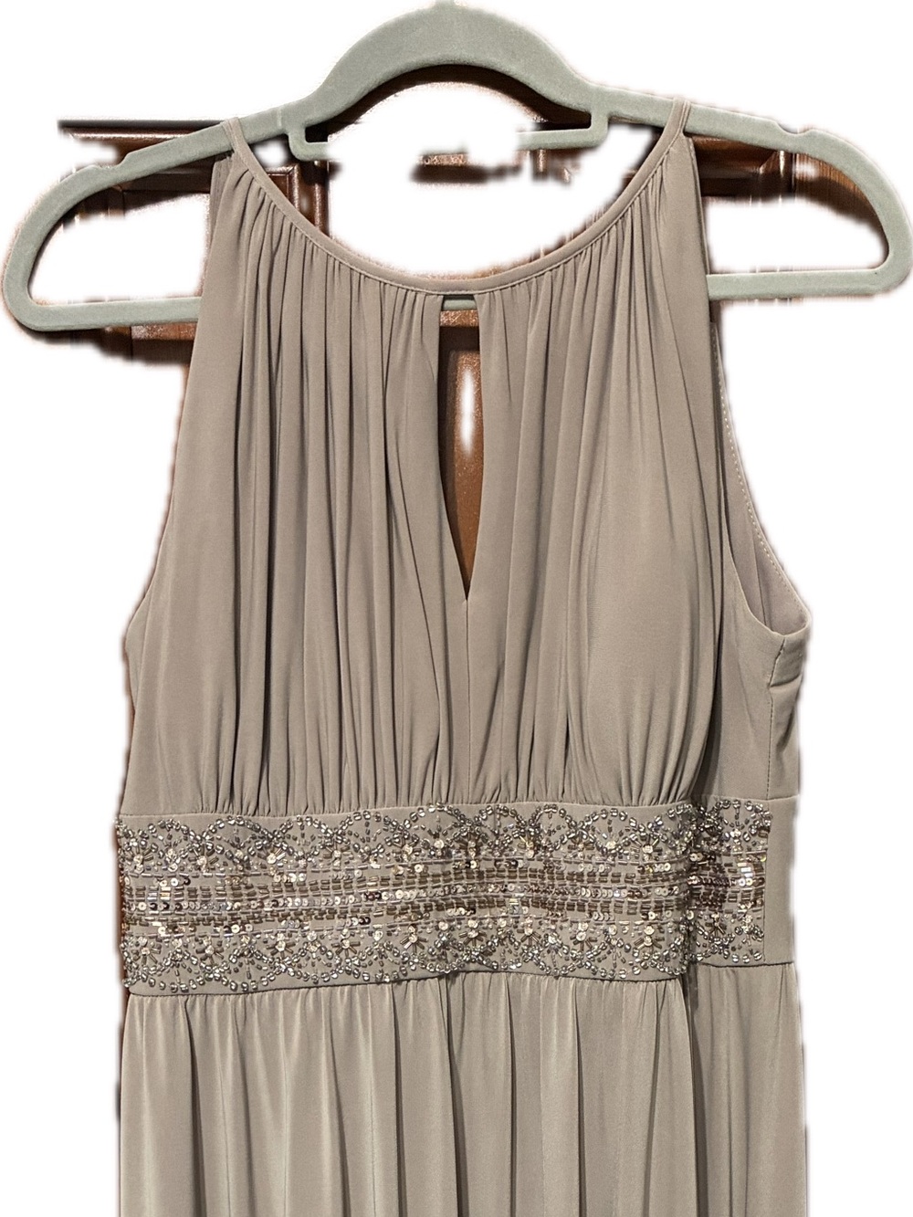 R&M Richards Taupe Sleeveless Beaded Waist Evening Gown